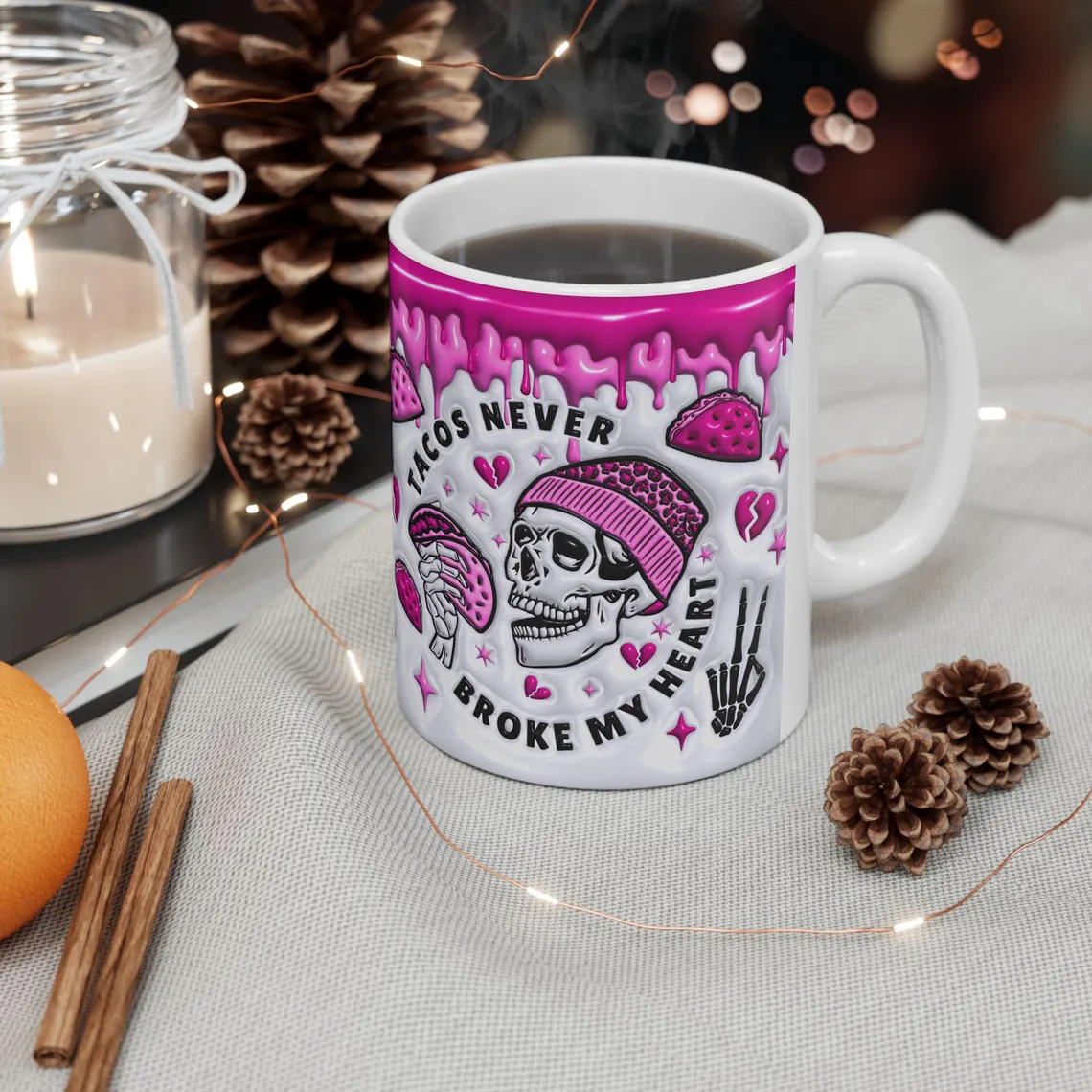 funny valentine skeleton mug: tacos never broke my heart funny valentine skeleton mug: tacos never broke my heart
