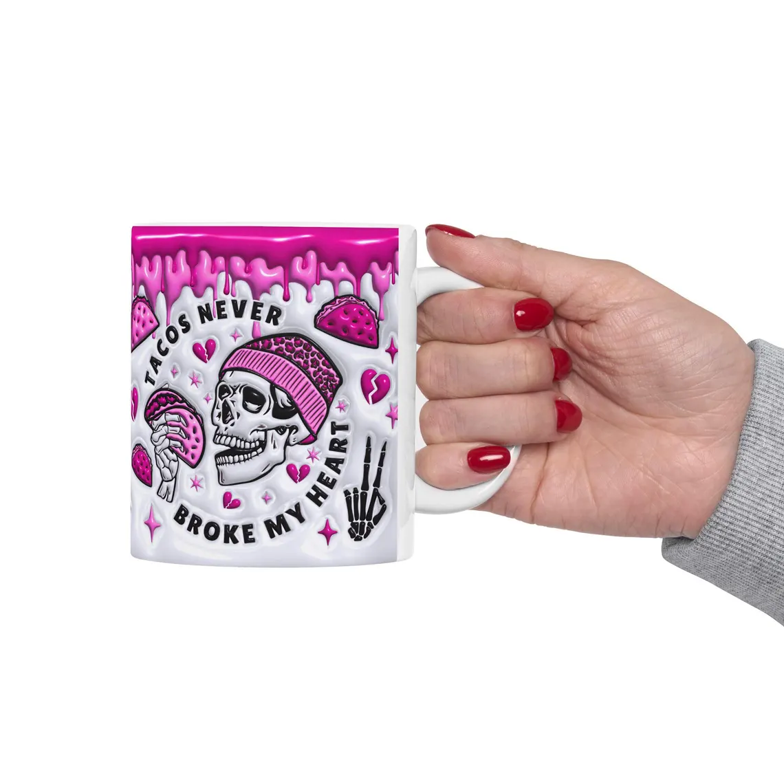 funny valentine skeleton mug: tacos never broke my heart funny valentine skeleton mug: tacos never broke my heart