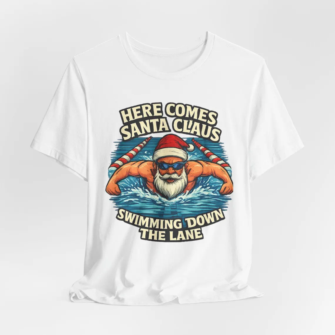 here comes santa claus swimming down the lane white santa– unisex jersey tee here comes santa claus swimming down the lane white santa– unisex jersey tee