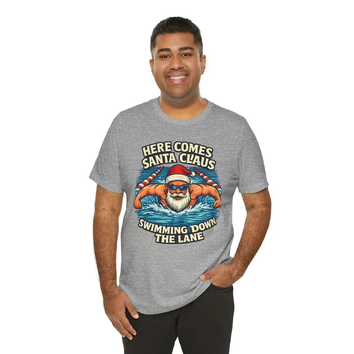 here comes santa claus swimming down the lane white santa– unisex jersey tee here comes santa claus swimming down the lane white santa– unisex jersey tee
