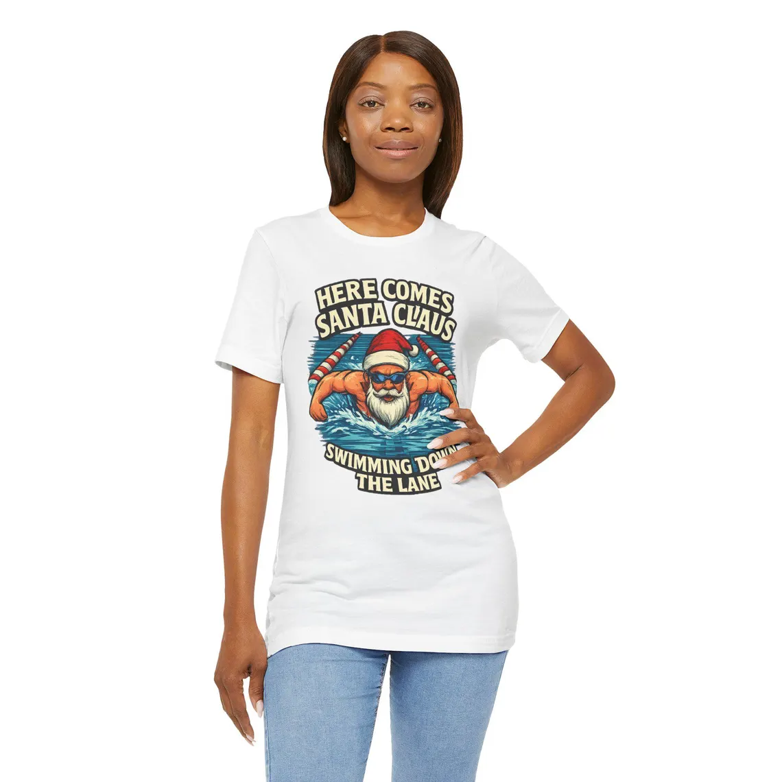 here comes santa claus swimming down the lane white santa– unisex jersey tee here comes santa claus swimming down the lane white santa– unisex jersey tee