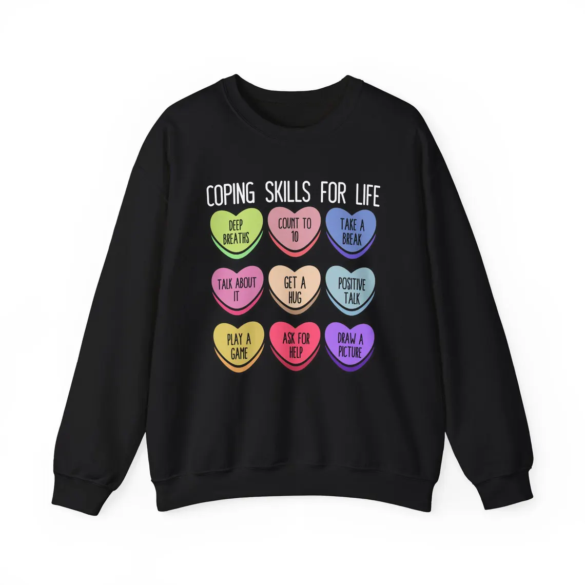 coping skills conversation hearts – black (model close up) coping skills conversation hearts – black (model close up)