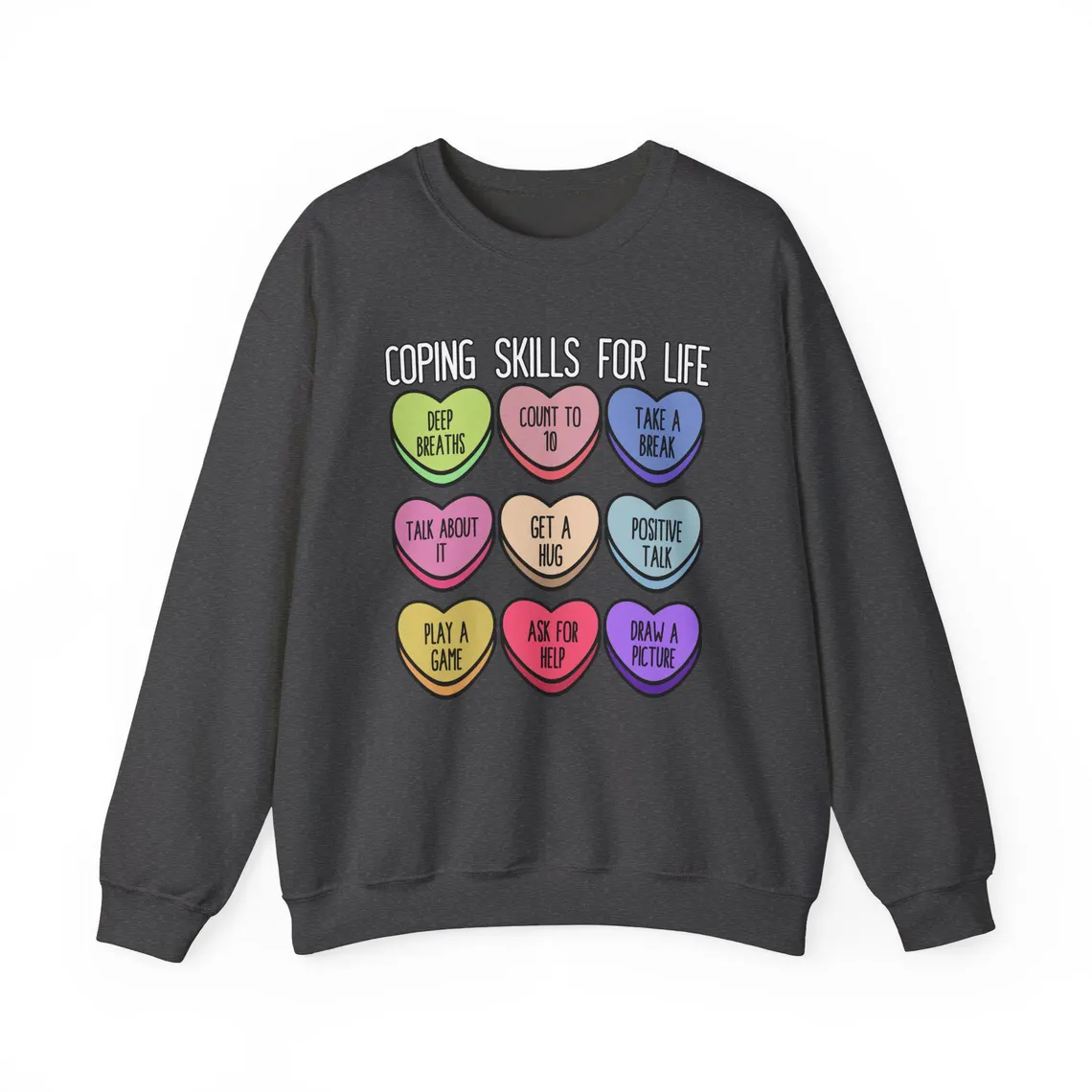 coping skills conversation hearts – black (model close up) coping skills conversation hearts – black (model close up)
