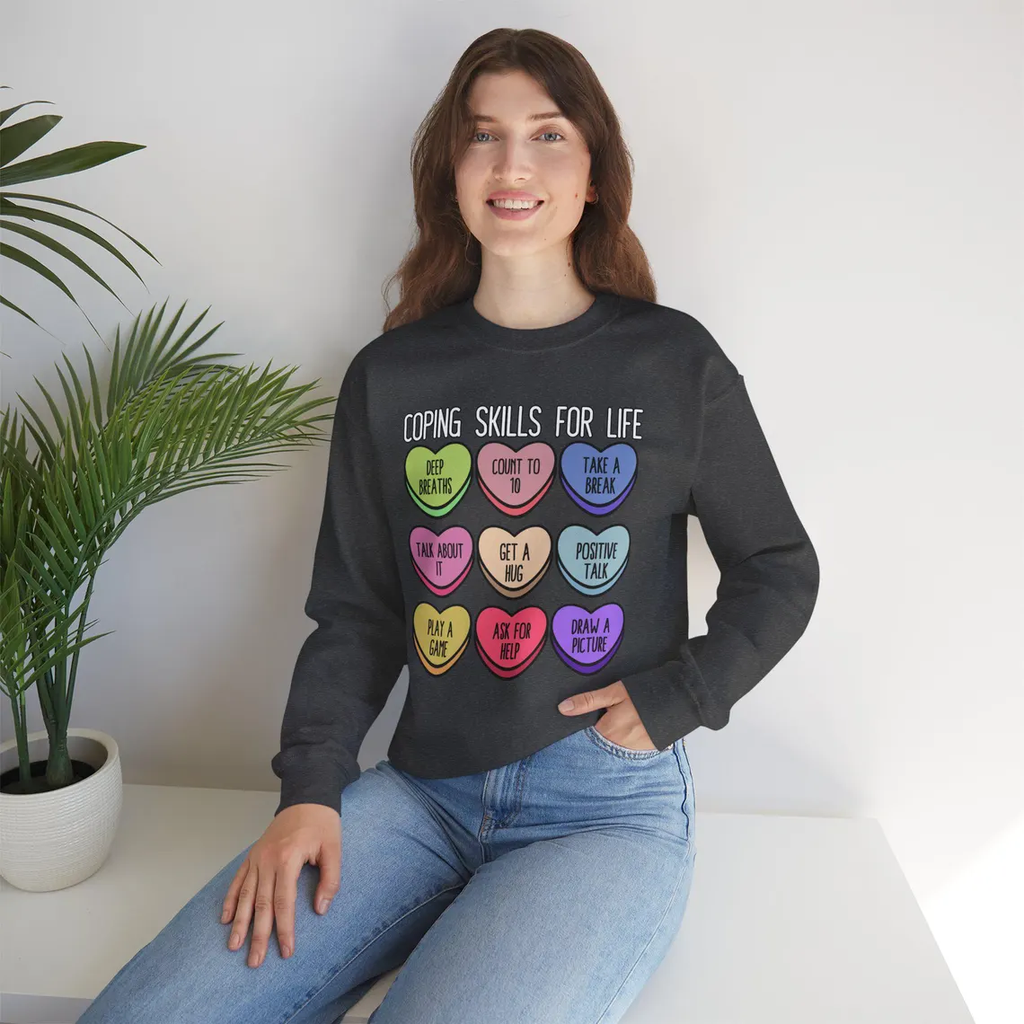 coping skills conversation hearts – black (model close up) coping skills conversation hearts – black (model close up)