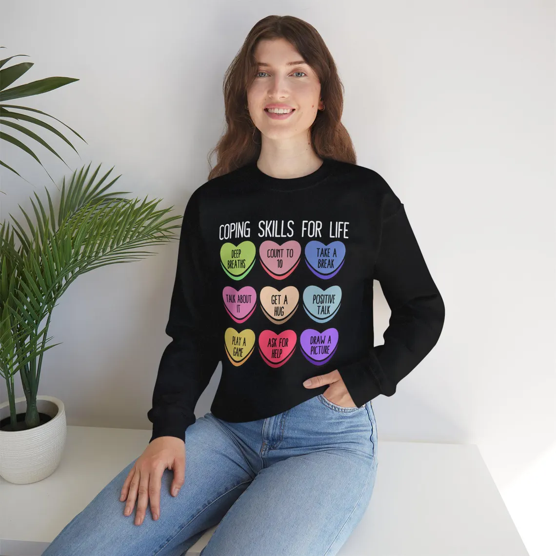 coping skills conversation hearts – black (model close up) coping skills conversation hearts – black (model close up)