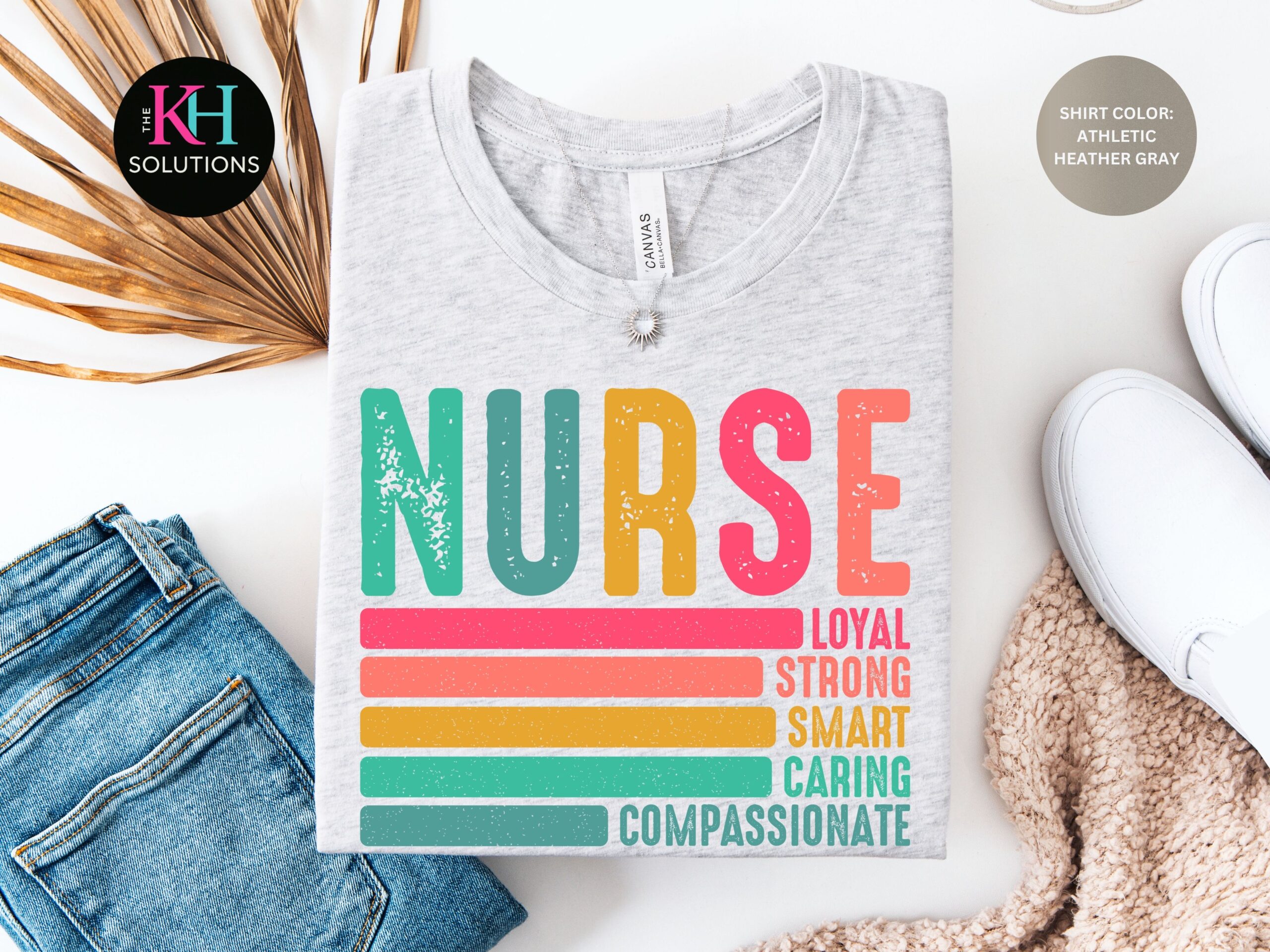 Retro Nurse Shirt Black Mockup | Loyal Strong Smart Caring Compassionate Nurse Tee Retro nurse shirt with colorful vintage stripes and empowering healthcare words on black t-shirt.