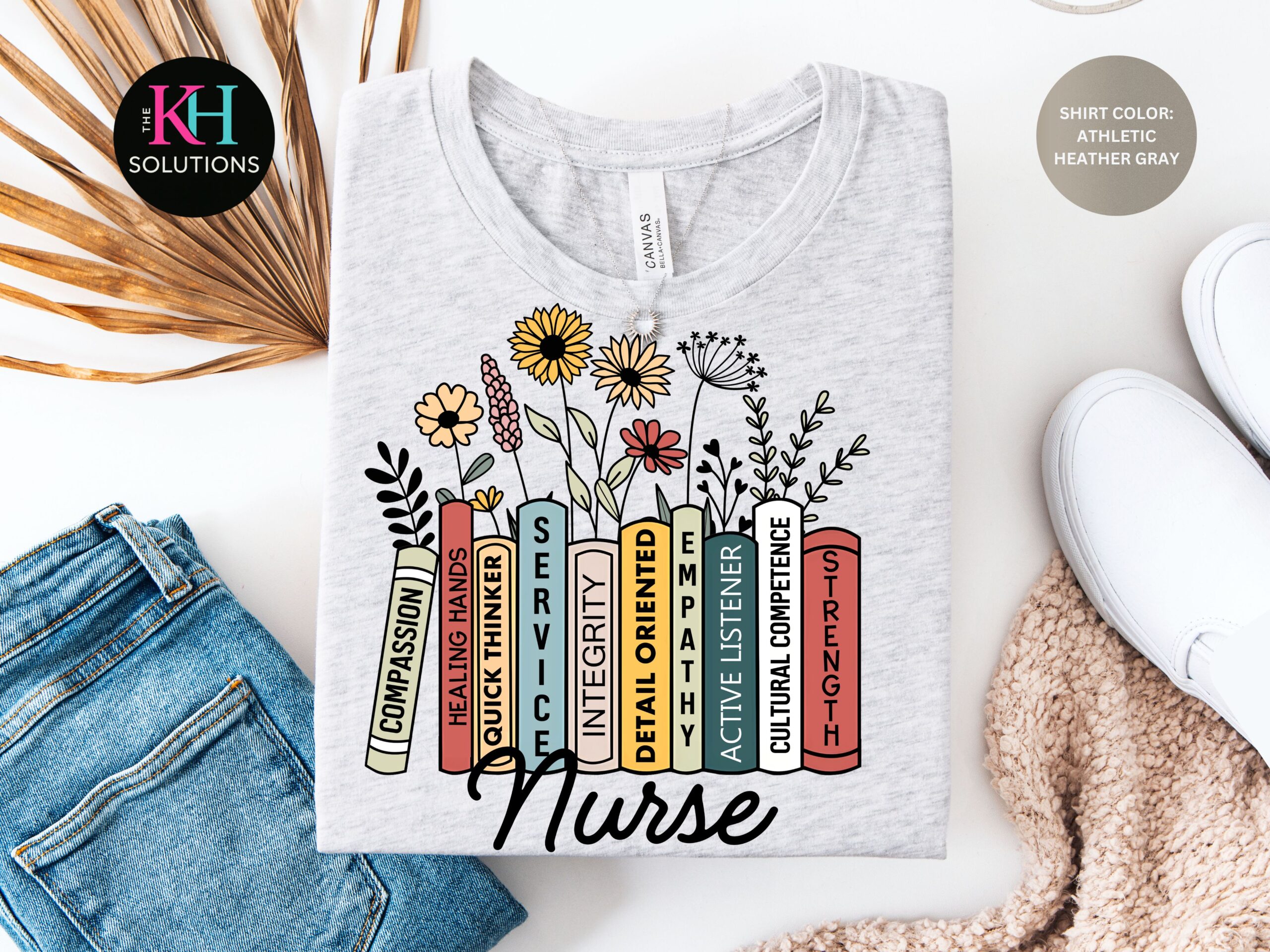 nurse book shirt, floral nurse tee, nurse appreciation gift, rn shirt, healthcare worker shirt Floral Nurse Book Shirt Mockup | Compassion Healing Hands Nurse Tee
