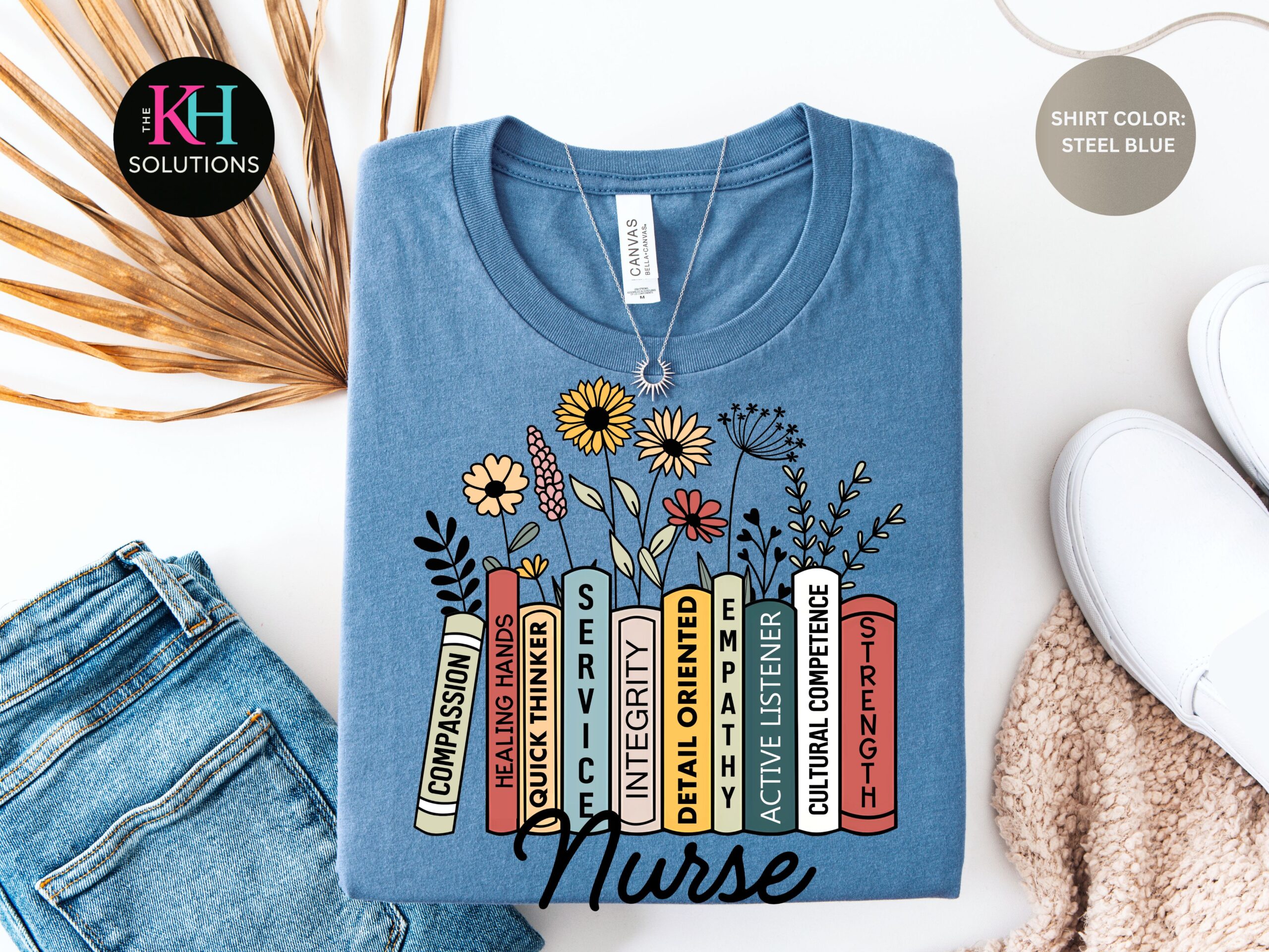 nurse book shirt, floral nurse tee, nurse appreciation gift, rn shirt, healthcare worker shirt Floral nurse shirt with stacked colorful books and inspirational nursing words on athletic heather gray t-shirt. Image Description