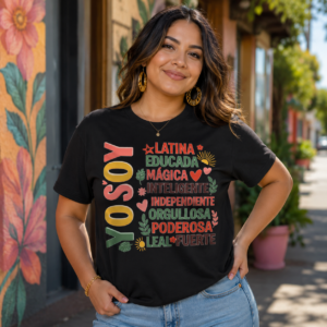 Yo Soy Latina colorful empowerment graphic shirt on black Bella Canvas tee