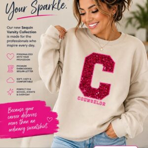 Personalized sequin varsity counselor sweatshirt in Sand, embroidered with LPC title Personalized sequin varsity counselor sweatshirt in Black with custom name Close-up of embroidered sequin lettering on counselor sweatshirt