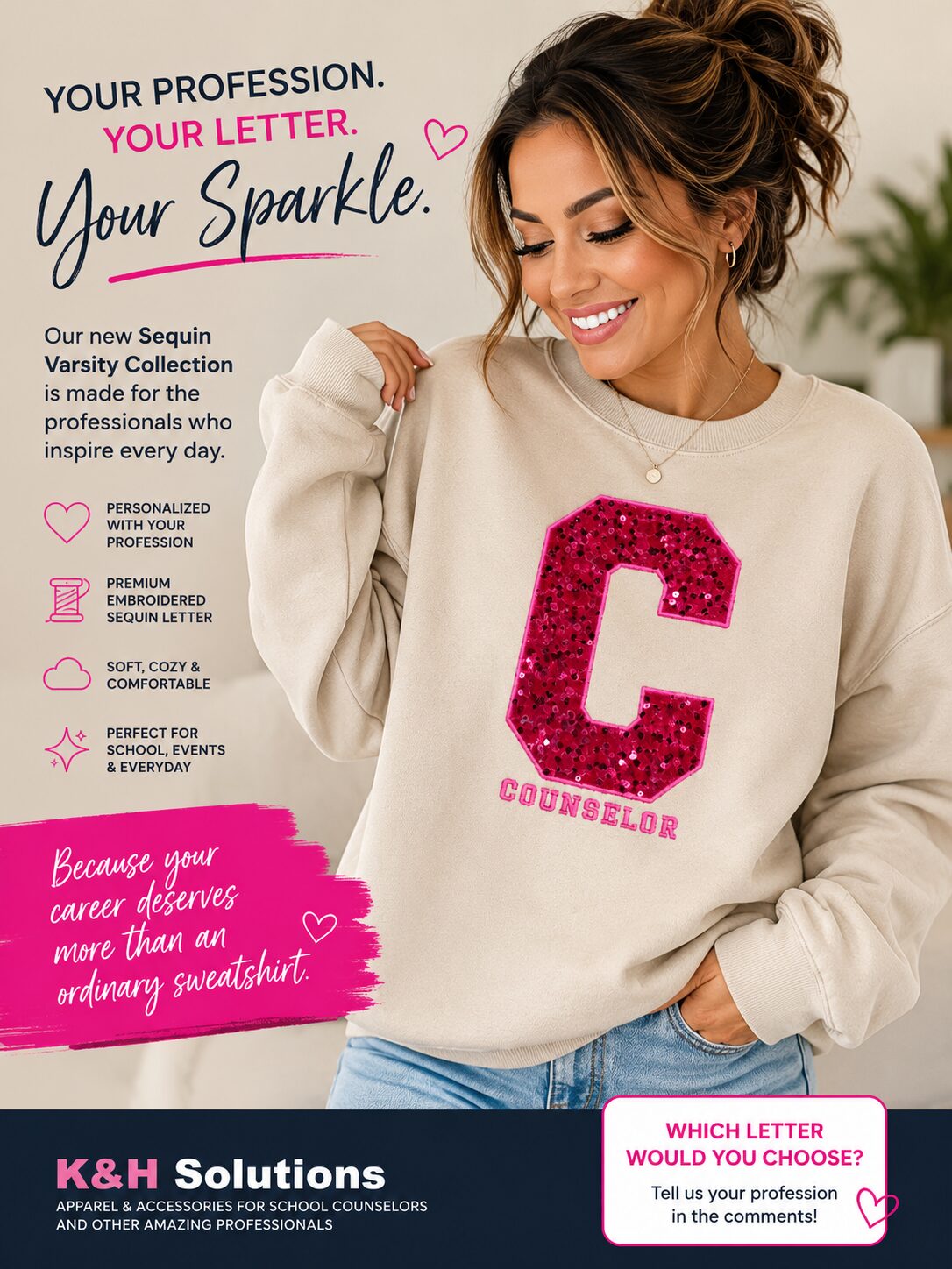 Personalized sequin varsity counselor sweatshirt in Sand, embroidered with LPC title Personalized sequin varsity counselor sweatshirt in Black with custom name Close-up of embroidered sequin lettering on counselor sweatshirt Personalized sequin varsity counselor sweatshirt in Sand, embroidered with LPC title Personalized sequin varsity counselor sweatshirt in Black with custom name Close-up of embroidered sequin lettering on counselor sweatshirt