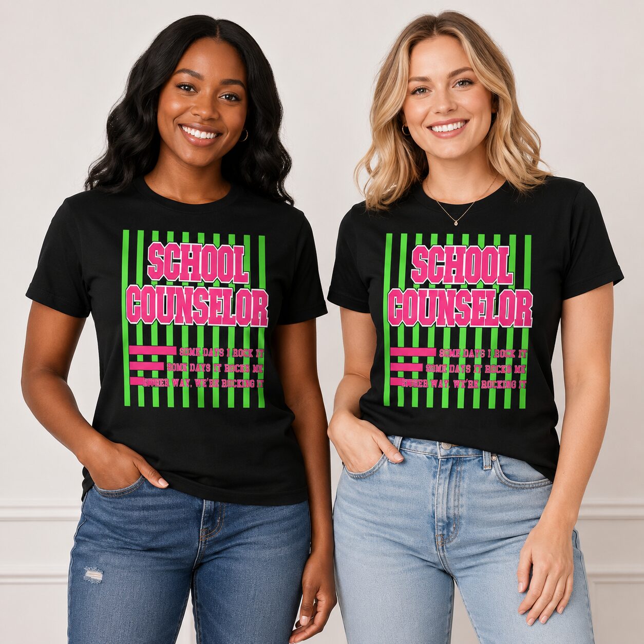 School counselor shirt with pink and green design and the quote Some Days I Rock It, Some Days It Rocks Me, Either Way We’re Rocking It. School Counselor Some Days I Rock It Shirt